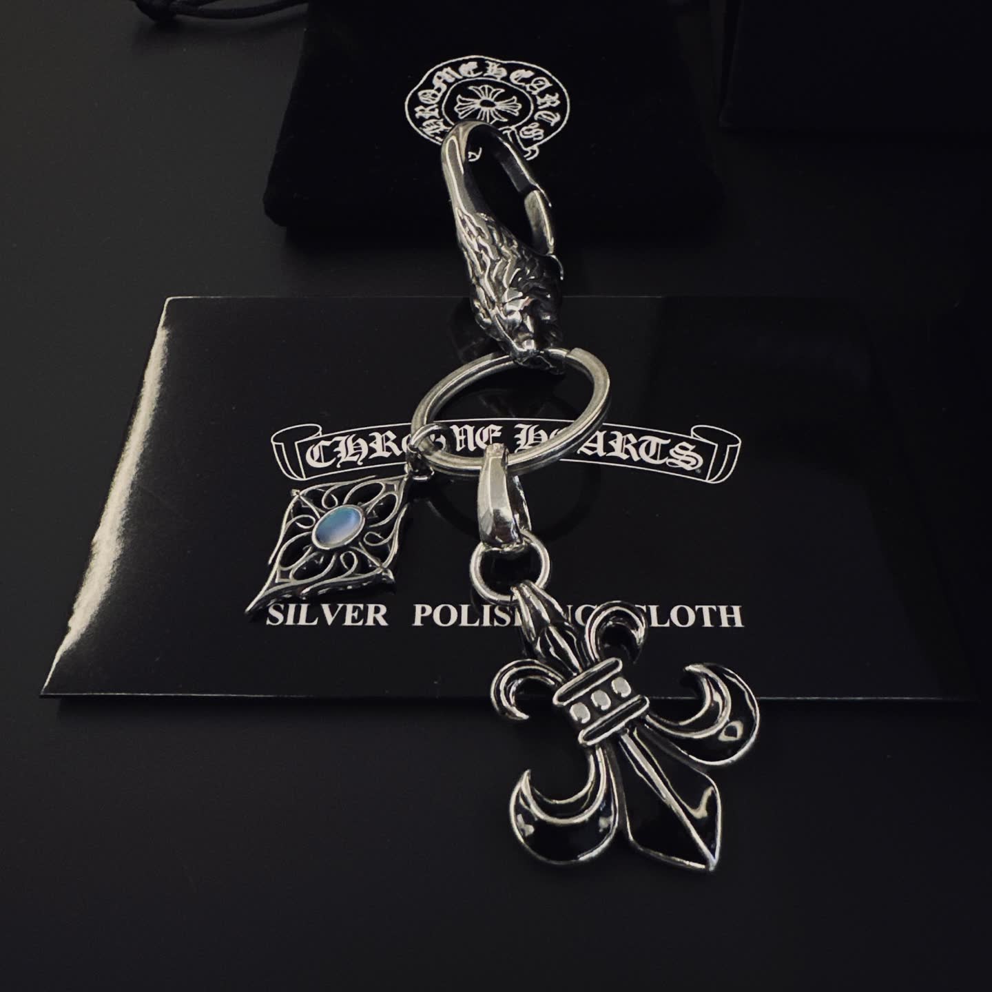 Chrome Hearts Silver Keychain with Fleur-de-lis and Gemstone